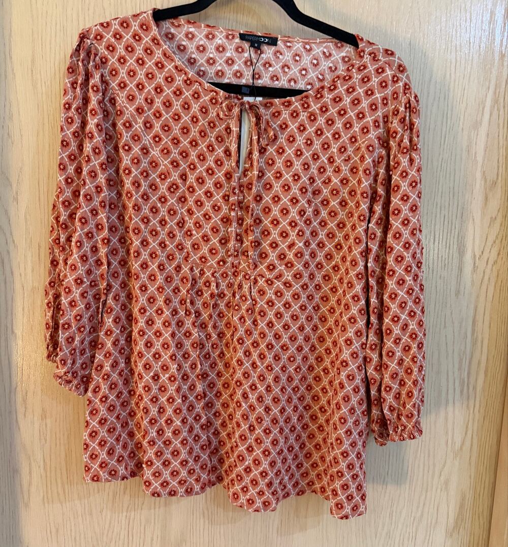 Papermoon Floral Swiss Dot Peasant Blouse Medium Rust Tie Neck NWT